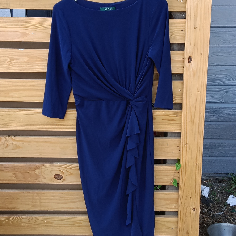 LAUREN RALPH LAUREN Women’s Blue Rushed Ruffle 3/4 Sleeve Sheath Dress, Size 6